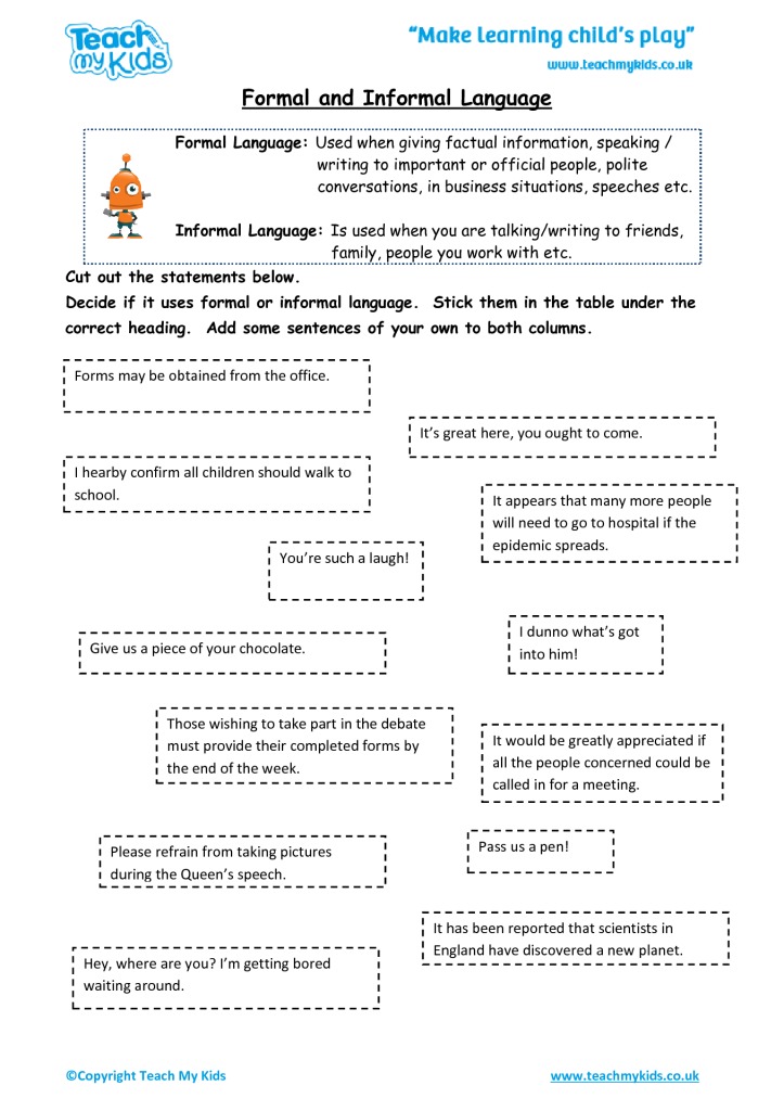 Formal And Informal English Worksheets